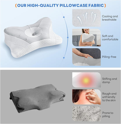 Sweetcrispy Cervical Pillow for Neck and Shoulder - Ergonomic Memory Foam Pillows, Contour Side Sleeper for Adults, Cooling Orthopedic Neck Support for Back Stomach Sleepers, White
