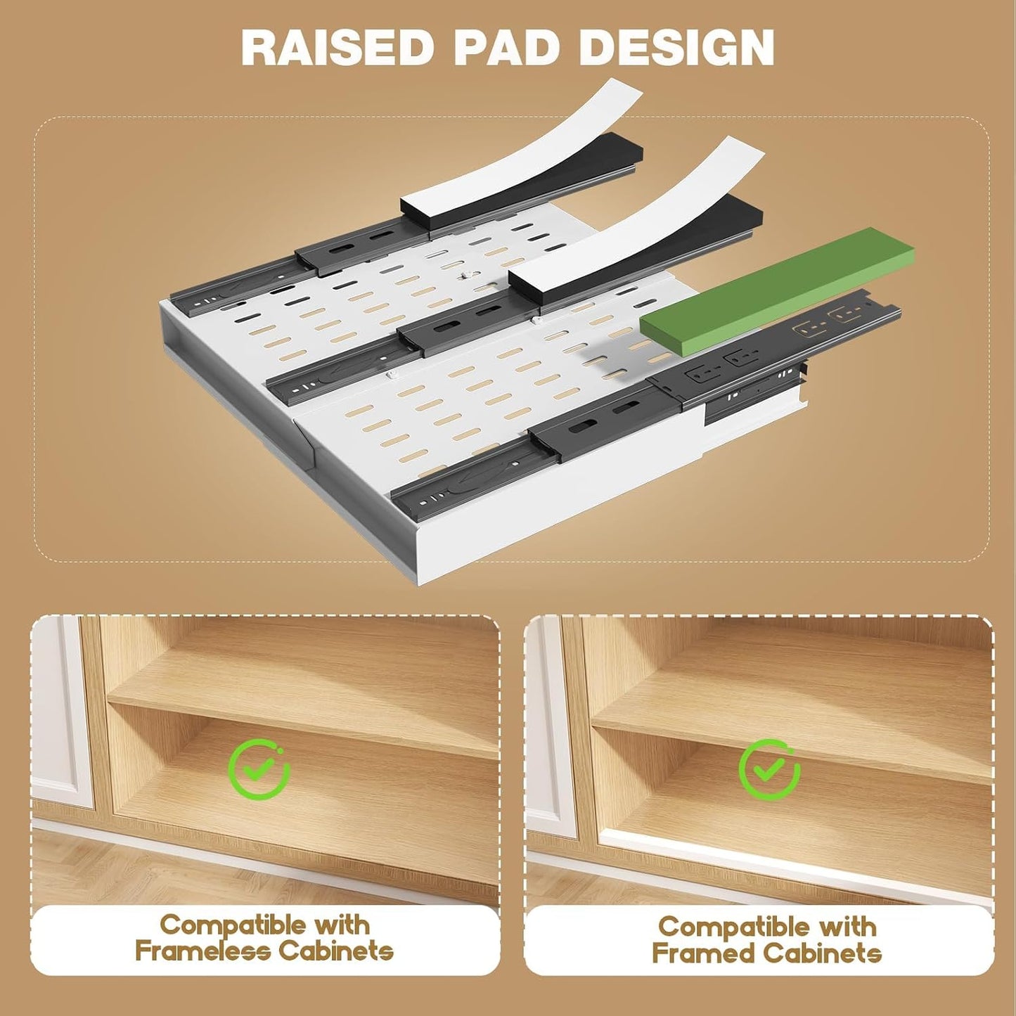 Seinloes Pull Out Cabinet Organizer, 4-Side Expandable to Fit Most Cabinets, 3 Rail Slide Out Drawers with Raising Pad for Framed & Frameless Cabinets, 13"-21" W x 17"-24" D, White, 2 Pack