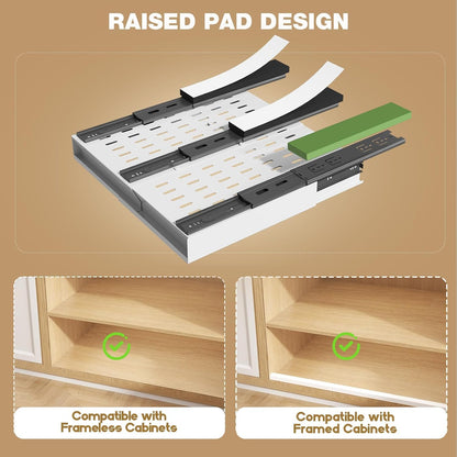 Seinloes Pull Out Cabinet Organizer, 4-Side Expandable to Fit Most Cabinets, 3 Rail Slide Out Drawers with Raising Pad for Framed & Frameless Cabinets, 13"-21" W x 17"-24" D, White, 2 Pack