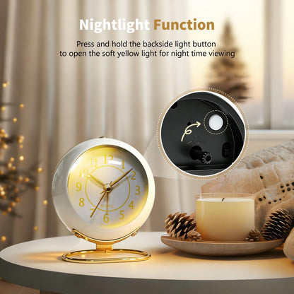 Analog Alarm Clock, Retro Small Desk Clock with Night Light, Backlight Cute Simple Design, Silent Non-Ticking, Battery Powered, Clock for Bedroom,Travel,Kitchen,Bedside Desktop Decor