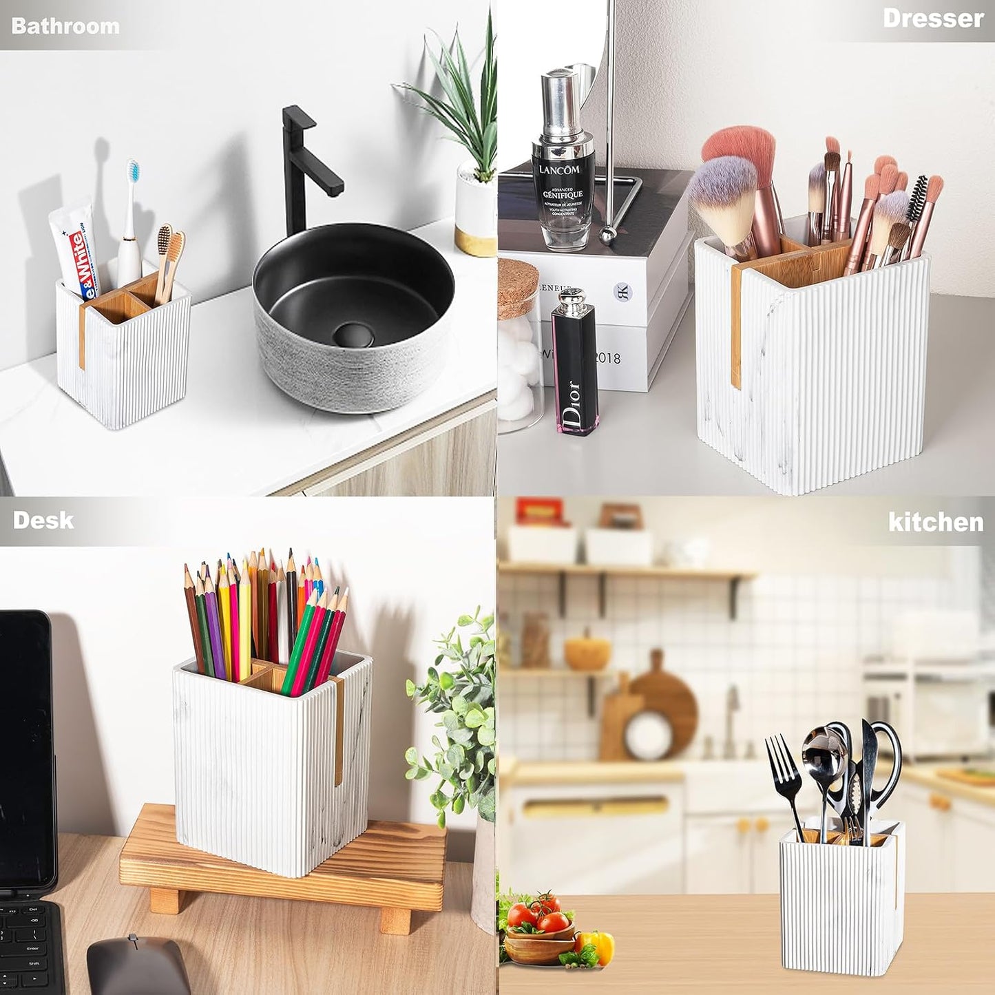 Toothbrush Holders for Bathroom, Bamboo Electric Toothbrush Stand, White | Toothbrush and Toothpaste Organizer for Sink Countertop, Bathroom Storage Stand for Brushing Accessories