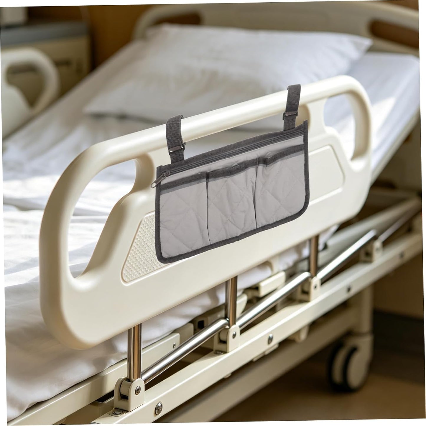 Bedside Rail Organizer Bag with 4 Pockets, Cup Holder, and Zipper Phone Pouch, Universal Multi-use Storage Caddy for Senior Safety and Mobility Assistance on Hospital or Dorm Beds