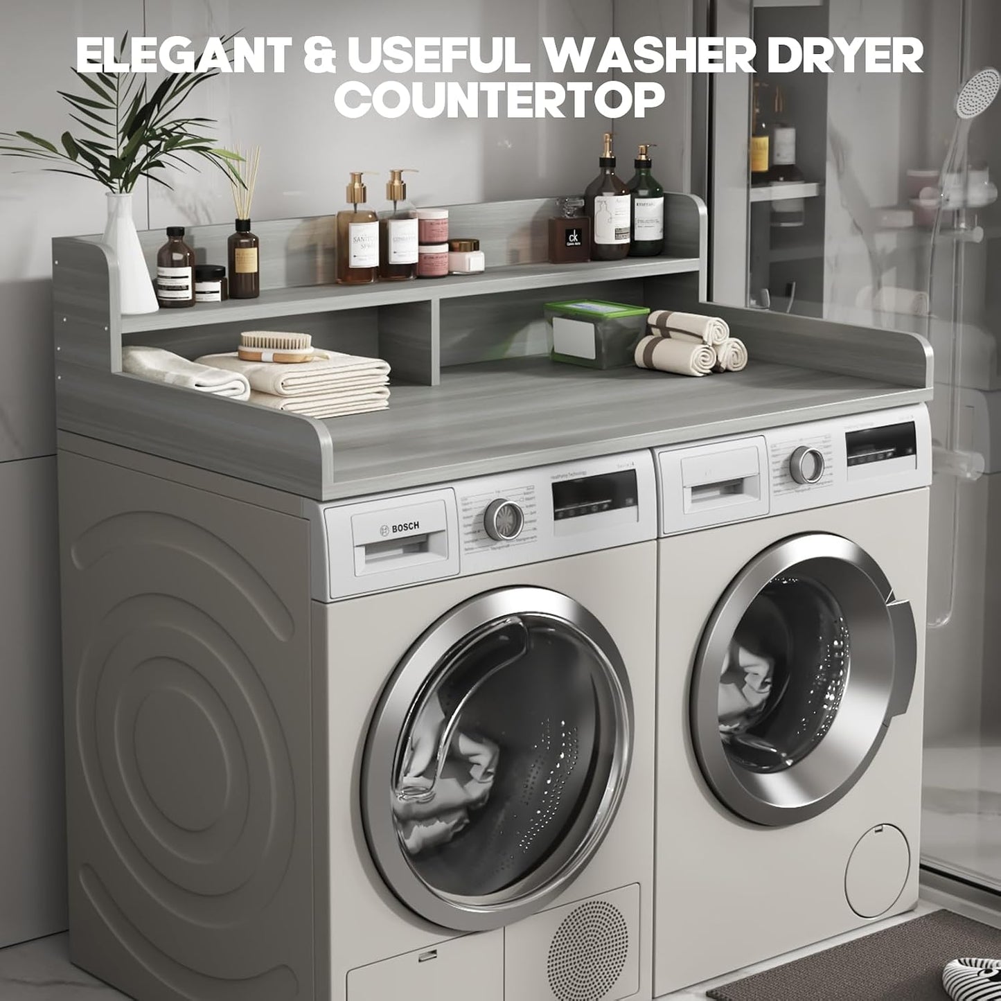 2-Tier Washer and Dryer Countertop with 2.75" H Guard,54" W x 27.5" D Laundry Countertop Cover with Non-Slip Pad,Large Space Laundry Topper for Folding Clothes Over Washer and Dryer-White
