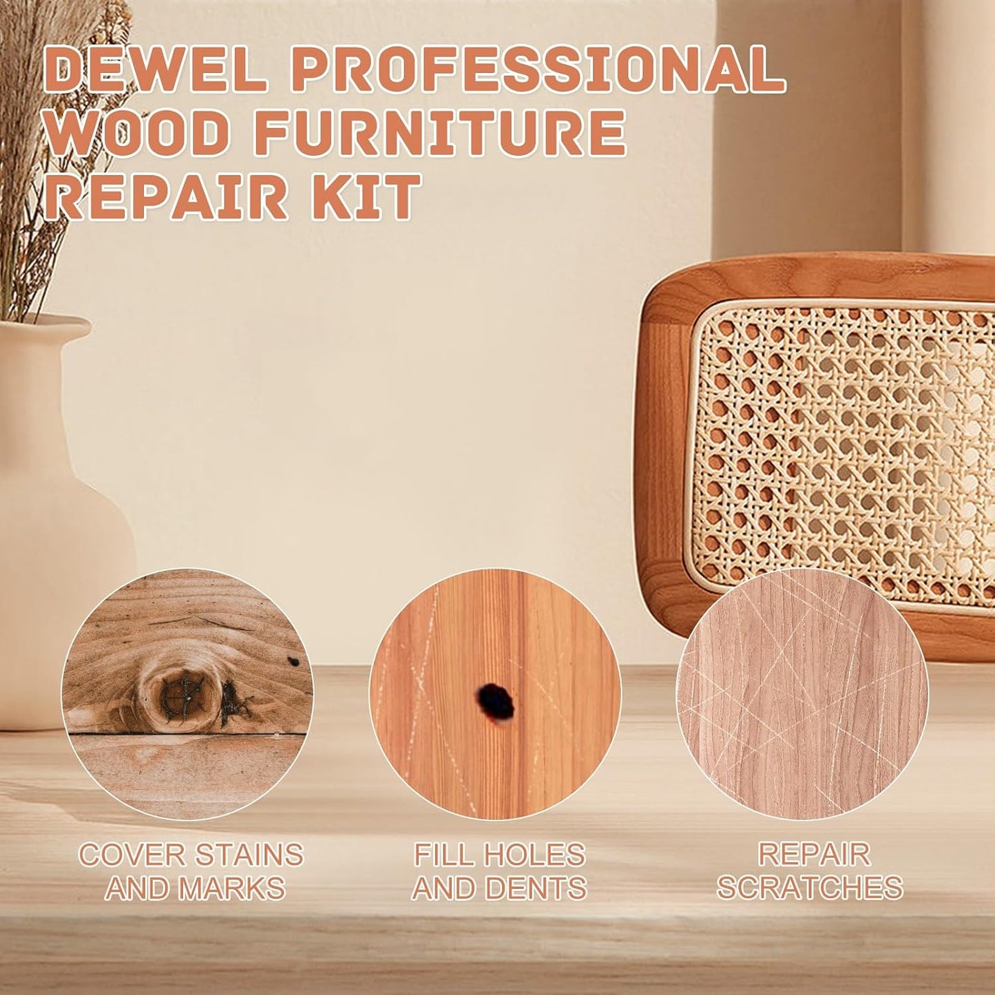 DEWEL Furniture Touch Up Markers, 17-Piece Wood Repair Kit with Wax Sticks | 8 Wood Touch Up Markers + 8 Wax Filler Sticks + Sharpener; Maple, Oak, Cherry, Walnut, Mahogany, White, Gray & Black