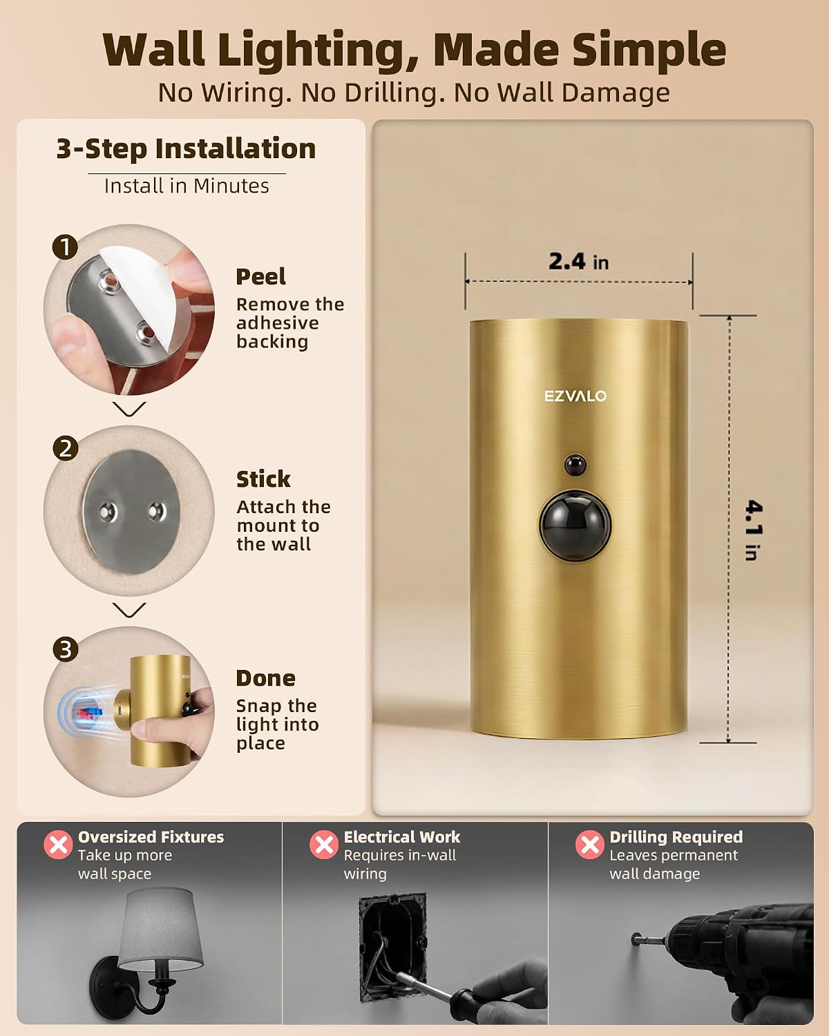 EZVALO Motion Sensor Wall Sconces with Remote, Rechargeable Battery Operated 4000mAh Wall Lights, 3 Color Temperatures & 12 RGB, Wireless LED Lighting for Hallway, Living Room (Brushed Gold, 2 Pack)
