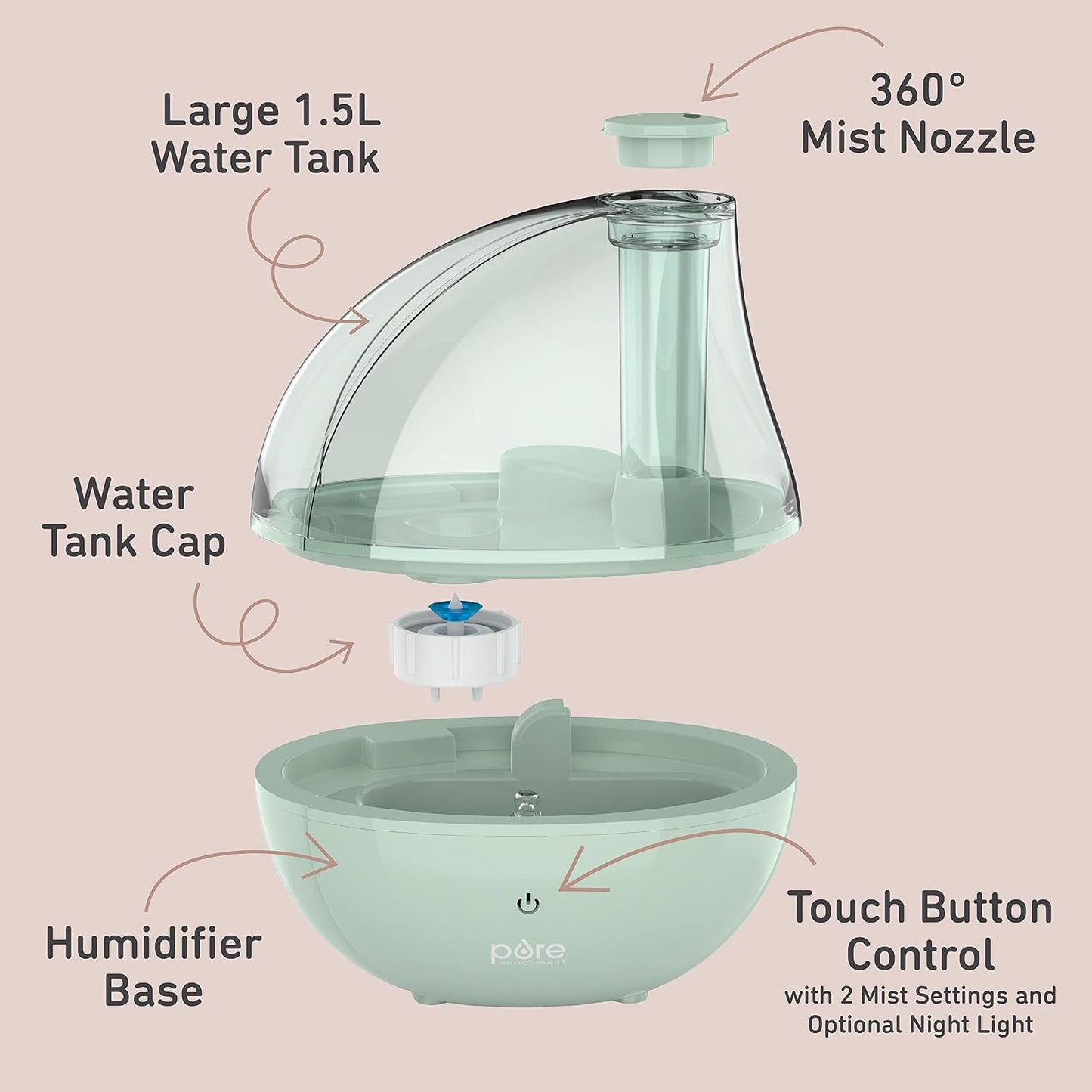 Pure Enrichment PureBaby Ultrasonic Cool Mist Humidifier & Soft Glow Night Light, Whisper-Quiet and Ideal for Baby Nurseries & Kids Bedrooms to Relieve Congestion, Colds, & Coughs (Whisper Green)