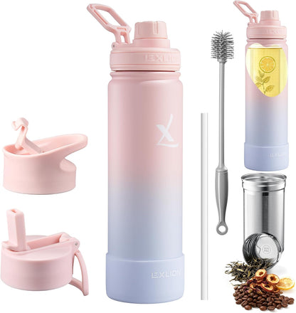 Lexlion Tea Infuser Water Bottle 22 Oz – Triple Wall Insulated Stainless Steel, Loose Leaf & Fruit Strainer, 3 Leakproof Lids, BPA-Free Silicone Sleeve, Reusable Thermal Mug