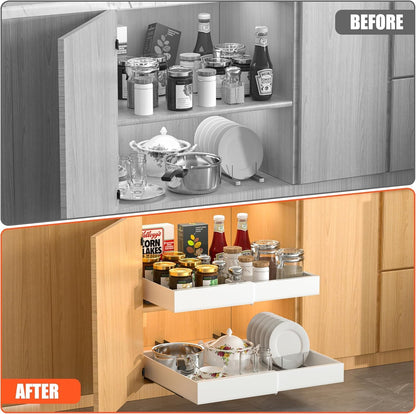 4 Pack Expandable Pull Out Cabinet Organizer | fixed by nano adhesive film,heavy duty sliding drawer,suitable for kitchen,pantry cabinet storage