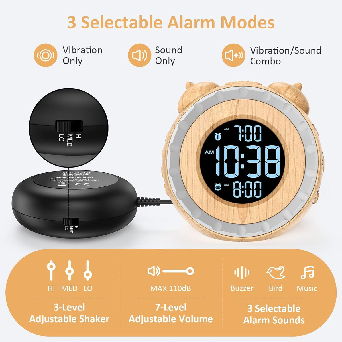 uscce Loud Dual Alarm Clock with Powerful Adjustable Bed Shaker