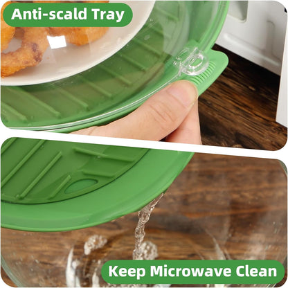 Microwave Splatter Cover Lid for Food 10.2 Inch with Water Steamer, Clear Microwave Splash Guard Cooker Lid with Plate, Dish Bowl Plate Serving Cover Cookware High Transparent Plastic Black