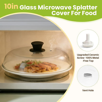 10in Glass Microwave Cover For Food, Glass Microwave Splatter Cover | Heat Resistant Tempered Glass Splatter Guard, Vented Universal Microwave Plate Cover, Dishwasher Safe