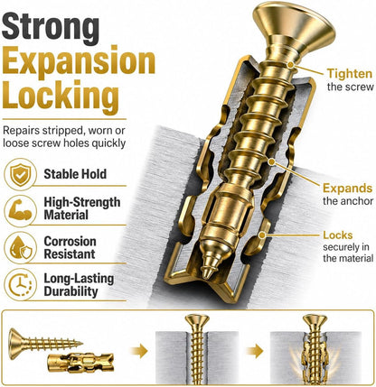 30PCS Hinge Repair Screw, 6×14mm Expansion Anchor Kit Door Hinge Thread Repair for Stripped Holes, Secure Cabinet Door Fastening with Expansion Anchors for Wood, Heavy-Duty Repair Screws