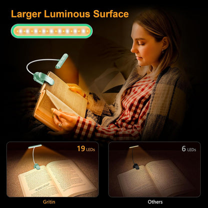 Gritin Rechargeable Book Light for Reading in Bed with 19 LED | Eye Caring 3 Color Temps,5 Brightness Levels,Memory Function,90 Hrs Runtime Flexible Goose Neck Clip on Light for Book Lovers