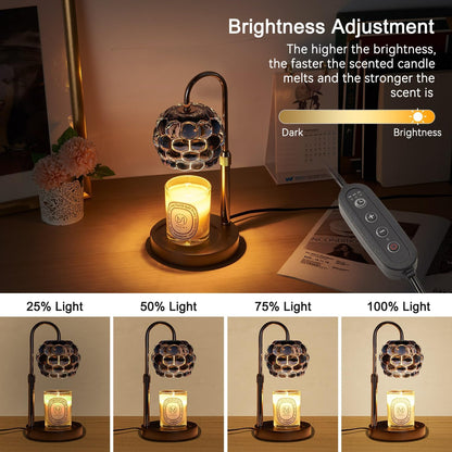 Candle Warmer Lamp with Timer Adjustable - Height Candle Warmer, Dimmer, Black Glass Wax Melting Lamps for Home Decor, for Candles in Jars with 2 Bulbs