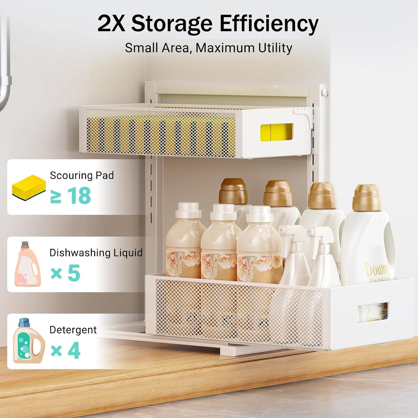 Petiza Under Sink Organizer Adjustable Height 2 Tier Bathroom Organizer Pull Out Cabinet Organer kitchen organizers and storage fridge organizers and storage,White,XL-1 Pack