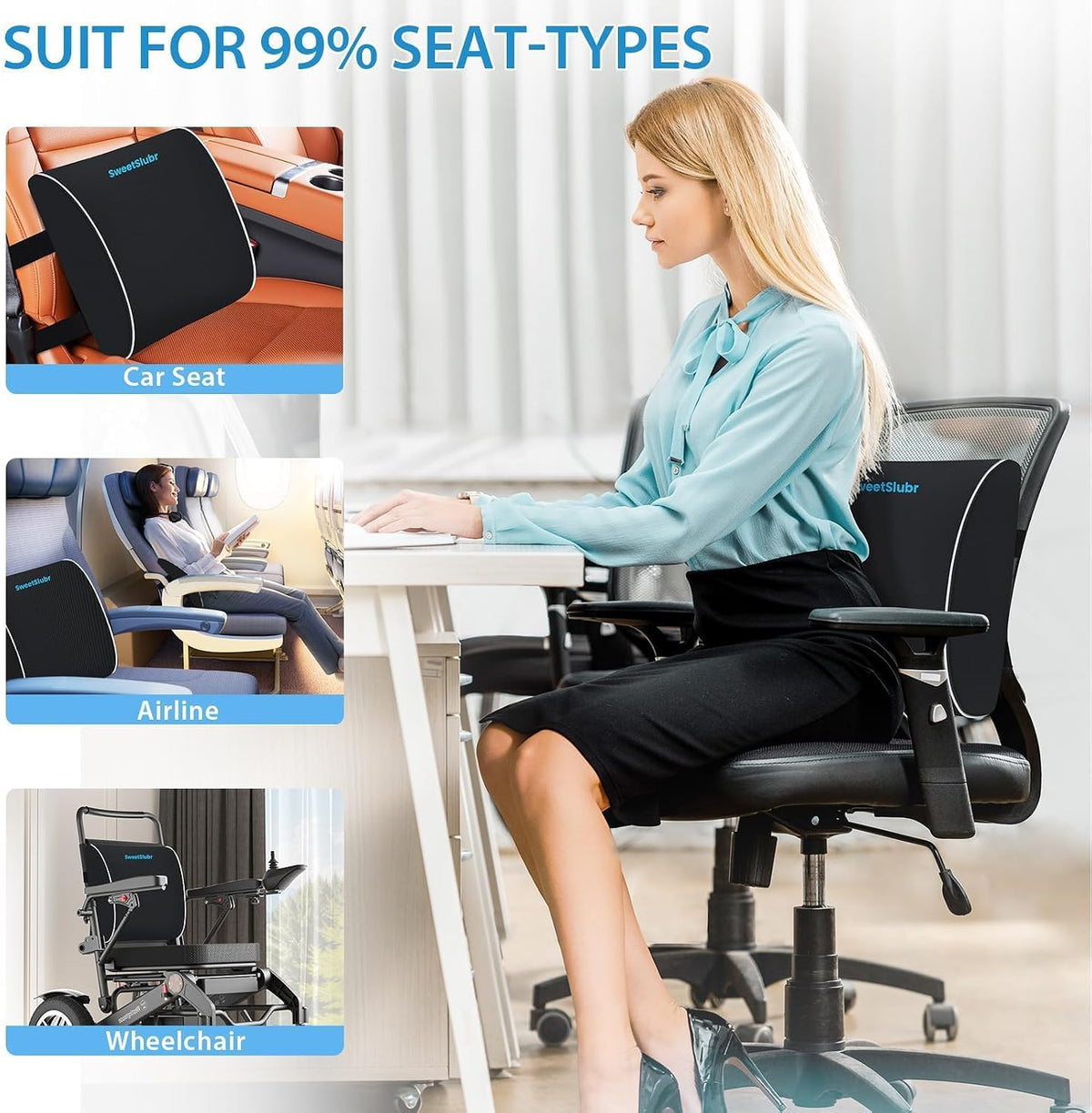 SweetSlubr Lumbar Support Pillow for Office Chair,Back Support(Black,Large)
