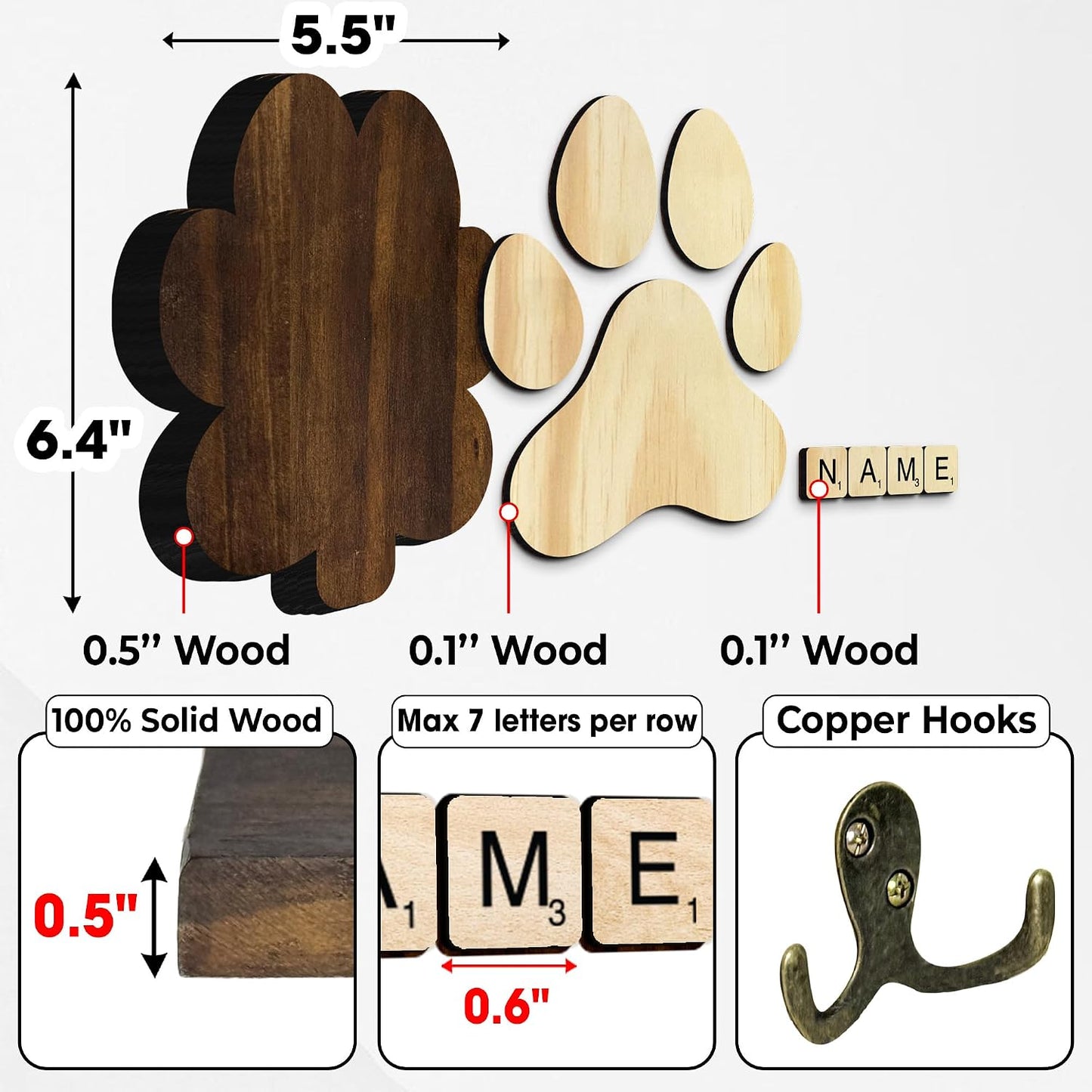 Dog Leash Holder Wall Mount, Pet Harness Hanger with Scrabble Letters, Dog Collar Organizer for Entryway, Memorial Cat Leash Holder for Wall, Pet Loss Gifts, Keepsake, Home Decor PF212-NAT
