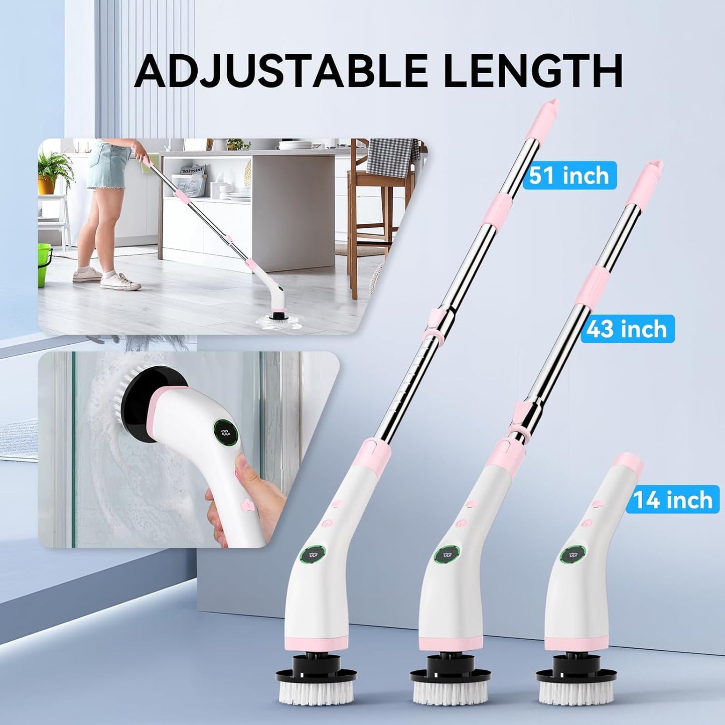 Electric Bathroom Cleaning Brush Cordless Shower Scrubber SD-CTB01 | Spin Scrubber Full Body Waterproof IPX7 with Adjustable Handle, 8 Replaceable Brush Heads for Bathtub/Kitchen/Window/Home
