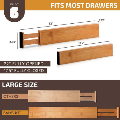6-Pack Drawer Dividers 2.6-Inch High Dresser Drawer Organizer 16 to 22 Inch | Bamboo, Spring Loaded, No Tools Needed, Fits Wide Drawers for Socks, Clothes, Utensils, Bedroom, Bathroom, Kitchen, Office