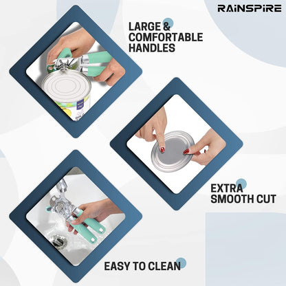 Rainspire Can Opener Manual Handheld Strong Manual Can Opener Smooth Edge Cut, Can Opener Heavy Duty, Comfortable Soft Handle, Built-in Bottle Opener, Turquoise