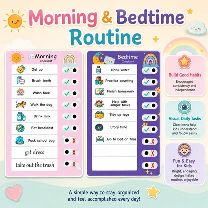 2PCS Magnetic Visual Chore Chart for Kids, Schedule Checklist for Kids, Kids to Do Task (1 Morning Checklist Boards, 1 Bedtime Checklist Boards) (Pink)