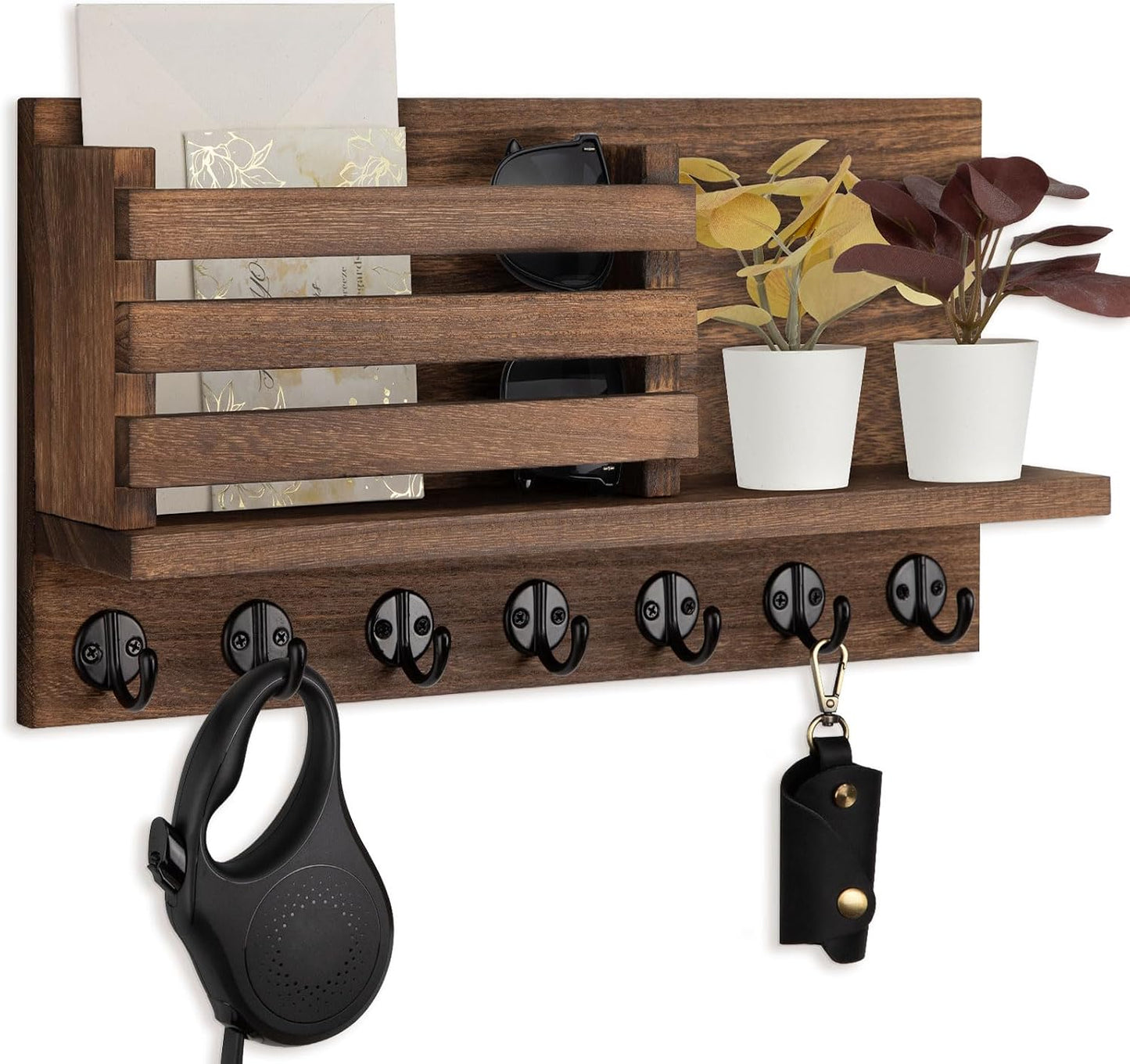 Lwenki Key Holder for Wall – Decorative Wooden Mail Holder and Key Shelf with Mounting Hardware, Installation Guide – Paulownia Wood with Metal Key Hooks (Black, Large - 11.8inch)