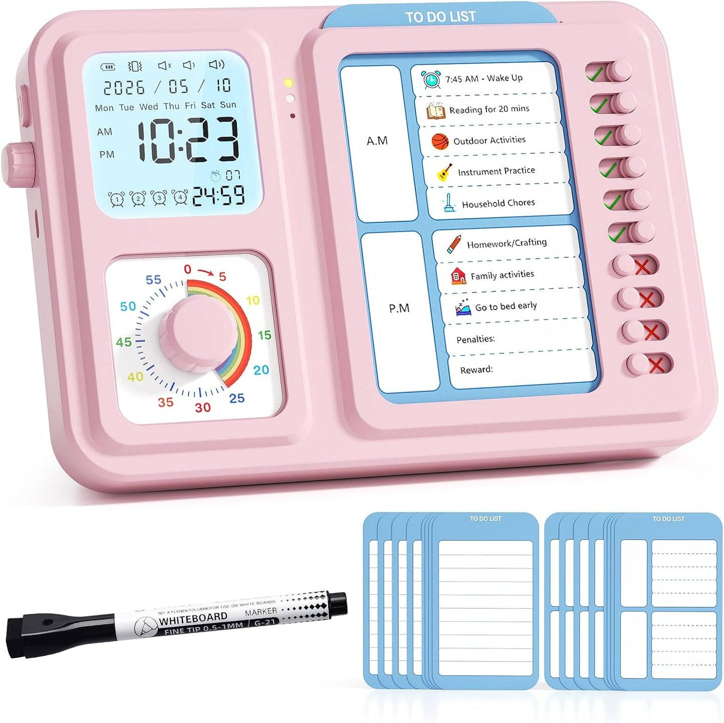 3-in-1 Visual Timer for Kids, Chore Chart for Kids, Visual Schedule（Blue） | To do list board, routine chart for home, school, classroom, ADHD/autism visual support, checklist, silent vibration alerts