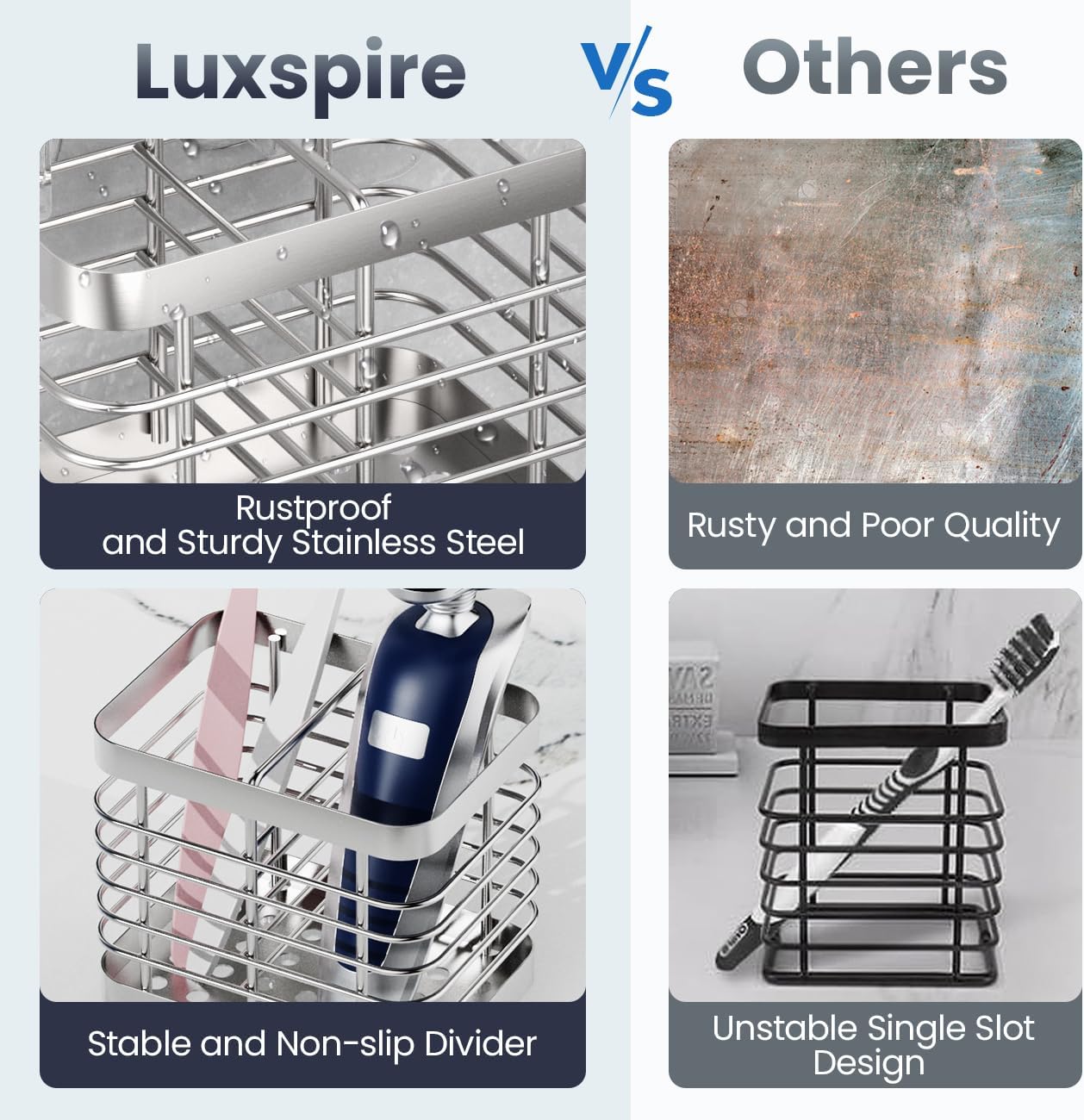Luxspire Toothbrush Holders for Bathroom, Stainless Steel, 6 Slots, Black | Toothbrush Holders With Drainage, For Bathroom Countertop & Kitchen Sink, Bathroom Accessories
