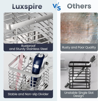 Luxspire Toothbrush Holders for Bathroom, Stainless Steel, 6 Slots, Black | Toothbrush Holders With Drainage, For Bathroom Countertop & Kitchen Sink, Bathroom Accessories
