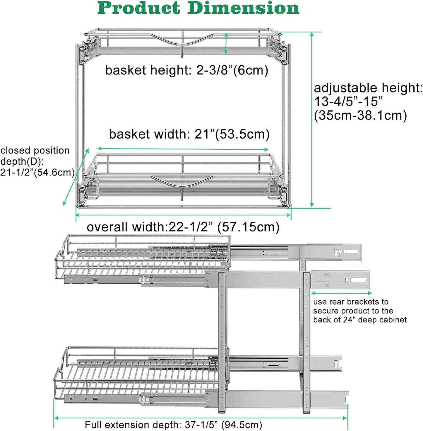 DINDON 2 Tier Pull Out Cabinet Organizer (20" W X 21" D), Double Tier Wire Basket Slide Out Shelf Storage for Kitchen Base Cabinet Organization for Kitchen, Pantry, Bathroom, Chrome