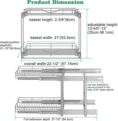 DINDON 2 Tier Pull Out Cabinet Organizer (20" W X 21" D), Double Tier Wire Basket Slide Out Shelf Storage for Kitchen Base Cabinet Organization for Kitchen, Pantry, Bathroom, Chrome