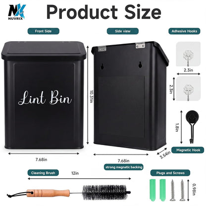 Magnetic Lint Bin for Laundry Room, Dryer lint bin Shiny White | galvanized metal body 1 Soft Lint Brush Included, 1 Magnetic Hook Included, 2 adhasive Hooks Included, Space-Saving