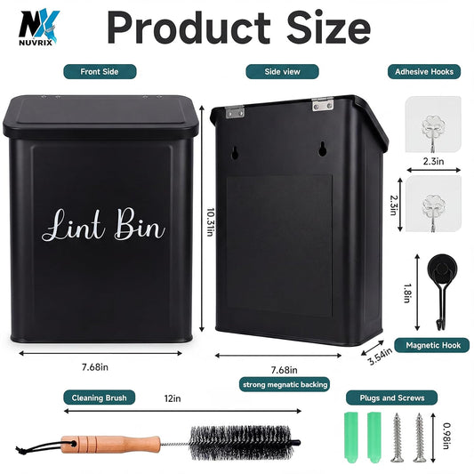 Magnetic Lint Bin for Laundry Room, Dryer lint bin Shiny White | galvanized metal body 1 Soft Lint Brush Included, 1 Magnetic Hook Included, 2 adhasive Hooks Included, Space-Saving
