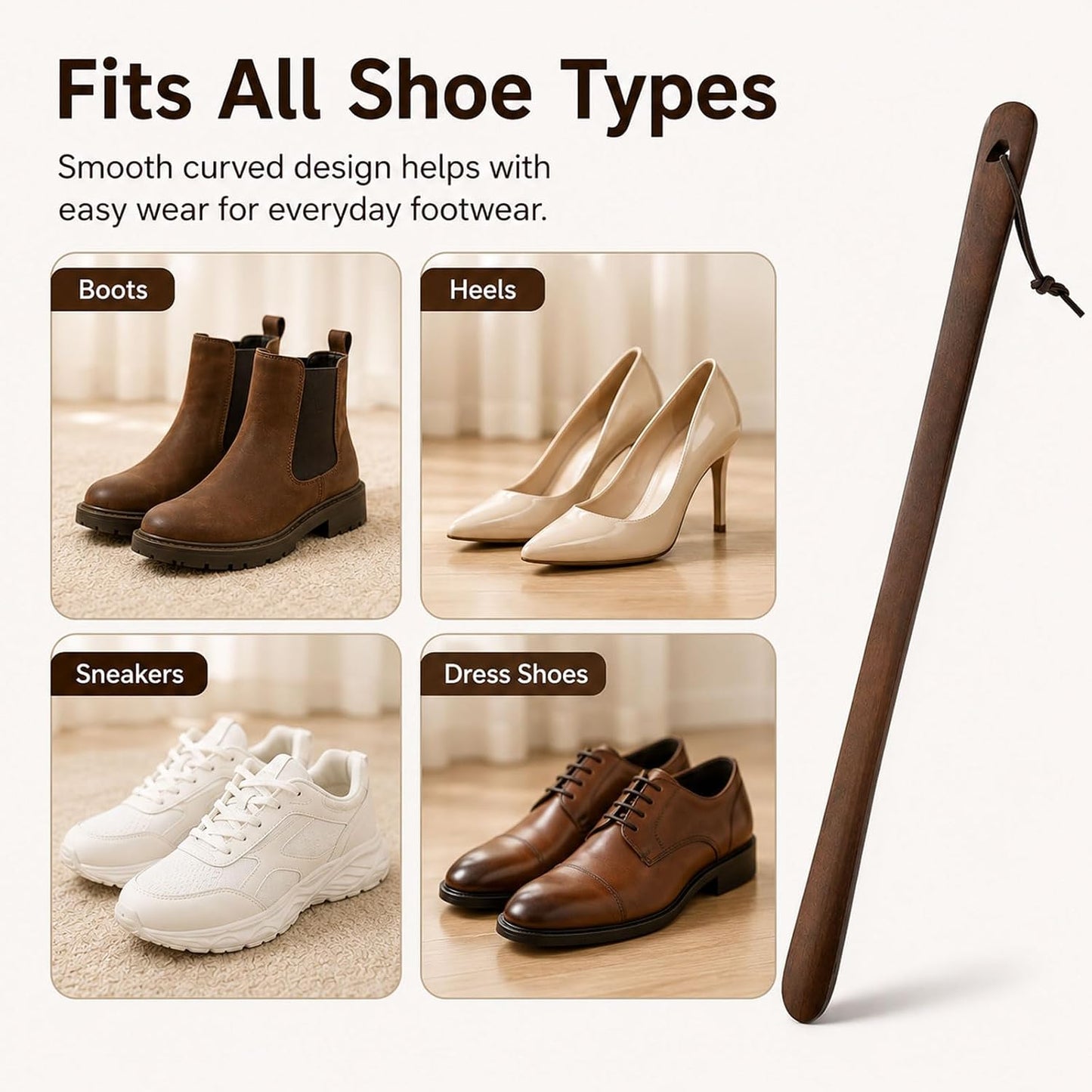 Shoe Horn Long Handle for Seniors, 2-Pack Extra Long Wooden Shoe horn | 23.6-Inch Black Walnut Boot Horn, Shoe Helper for Men and Women, Smooth Rounded Edge, No-Bend Use, Leather Hanging Loop