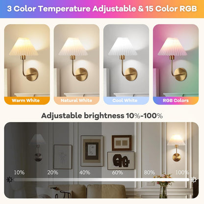 Rechargeable Battery Operated Wall Sconce Sets of 2, 15 Colors Wireless gooseneck Black Wall Lights Fixture with Dimmable Bulbs and Remote, Not Hardwired Wall Mounted Lamps for Bedroom Living Room