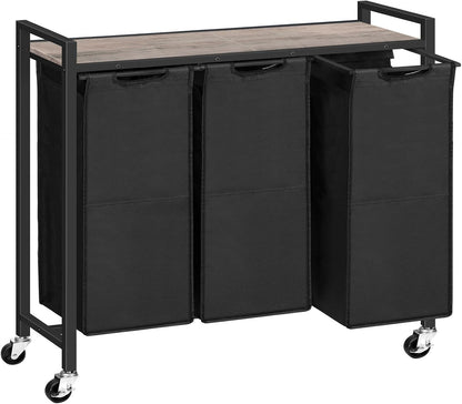 HOOBRO Laundry Sorter 3 Section, Laundry Hamper with Wheels, 3 × 11.5 Gal (43.4L), Rolling Laundry Basket, Pull-Out and Removable Oxford Fabric Laundry Bags, Rustic Brown and Grey BFG76XY01