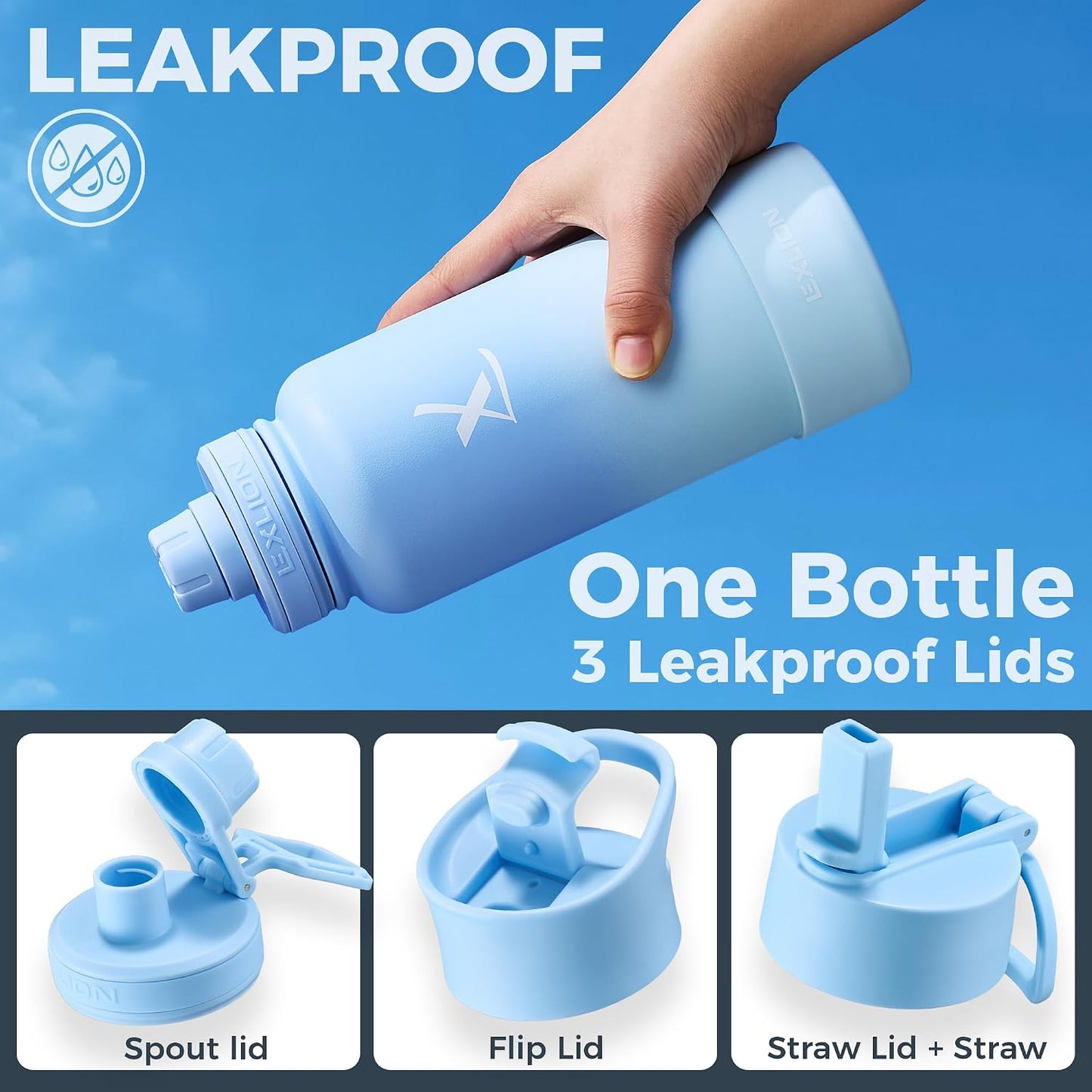 Lexlion Tea Infuser Water Bottle 22 Oz – Triple Wall Insulated Stainless Steel, Loose Leaf & Fruit Strainer, 3 Leakproof Lids, BPA-Free Silicone Sleeve, Reusable Thermal Mug