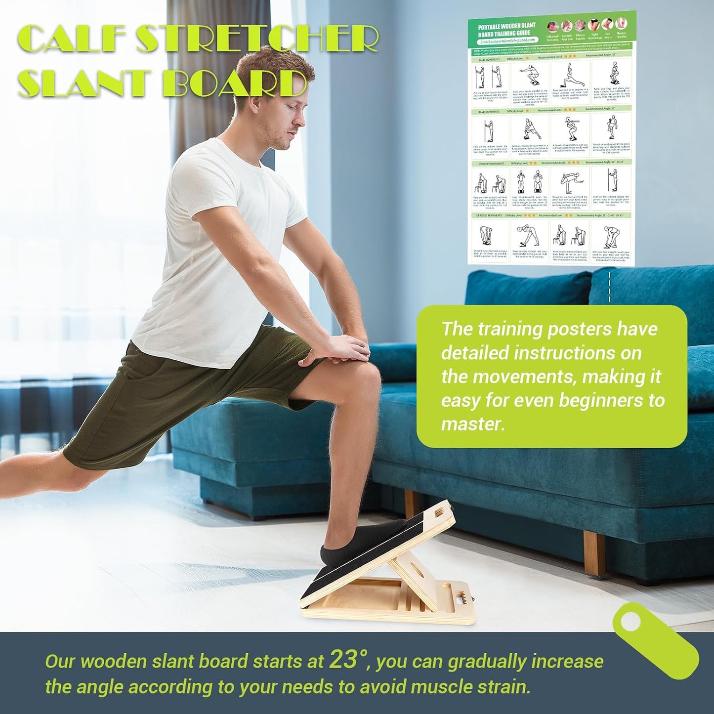 Slant Board Calf Stretching, 300 LBS Capacity Portable Wooden Incline Board | Training Poster, 5 Adjustable Angles, Non-Slip Calf Mobility Board for Legs, Ankles, Knees, Heels, Physical Therapy & Squats