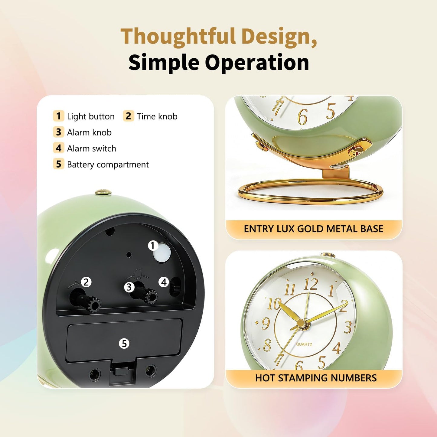 Analog Alarm Clock, Retro Small Desk Clock with Night Light, Backlight Cute Simple Design, Silent Non-Ticking, Battery Powered, Clock for Bedroom,Travel,Kitchen,Bedside Desktop Decor