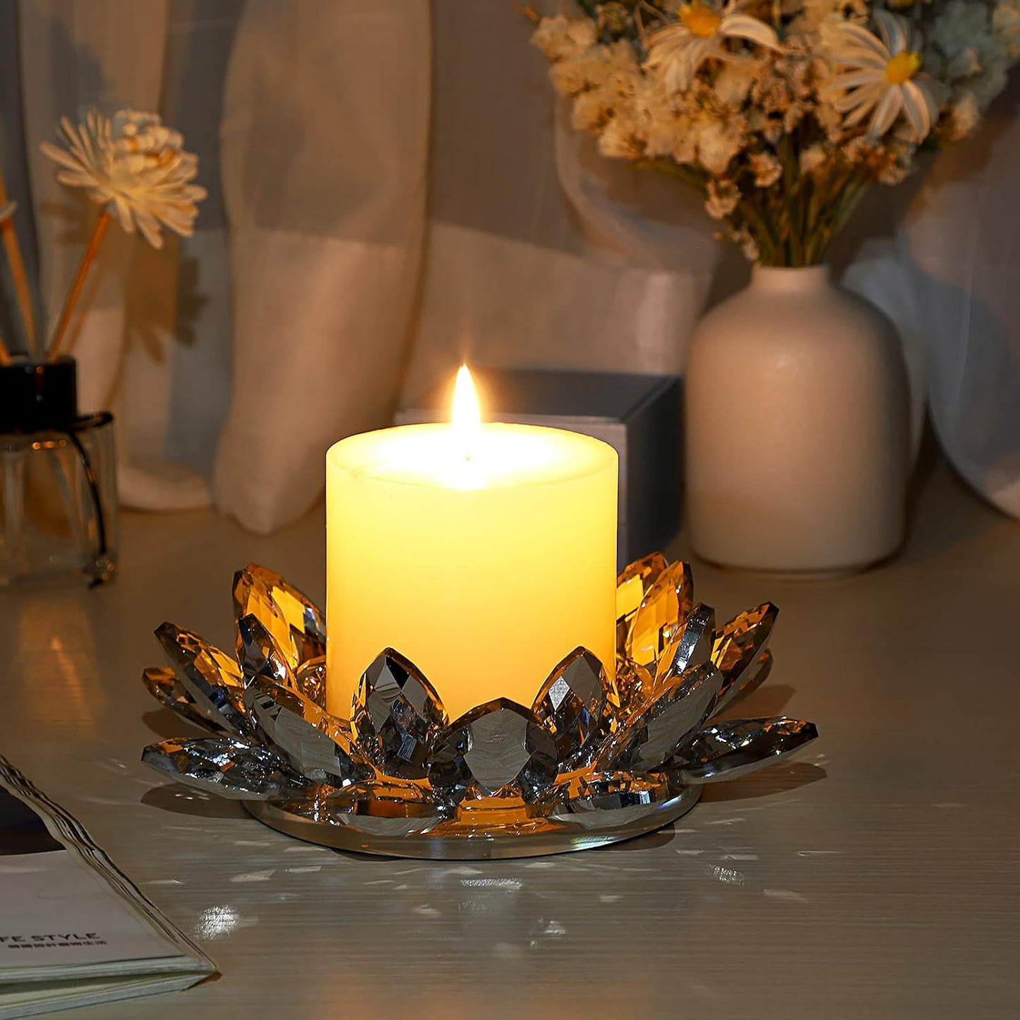 OwnMy Crystal Lotus Flower Candle Holder for Pillar Candles up to 3 Inch | Clear Lotus Flower Pillar Candle Holder Tea Light Holder, Glass Lotus Petal Votive Candle Stand for Wedding Party Home Decors