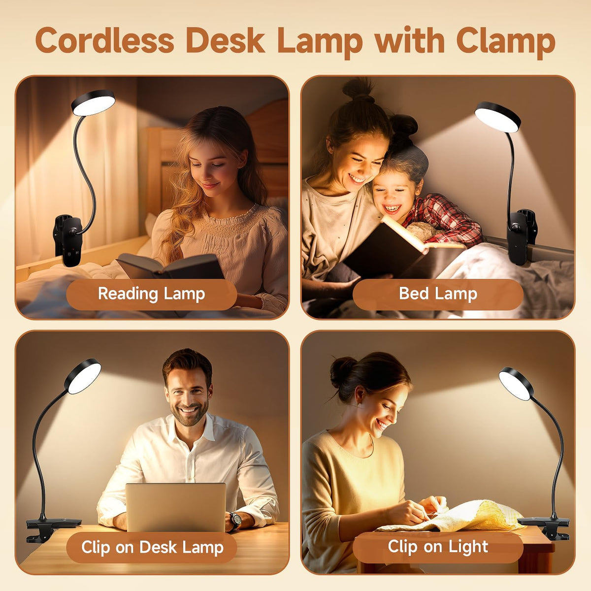 Mubarek Clip on Lamp,5 Brightness+5 Color Clip on Light,200LM 36 LED Reading Lights for Books in Bed,1800mAh Battery Powered Lamp Battery Operated Lights,Rechargeable Desk Lamp with Clamp Light
