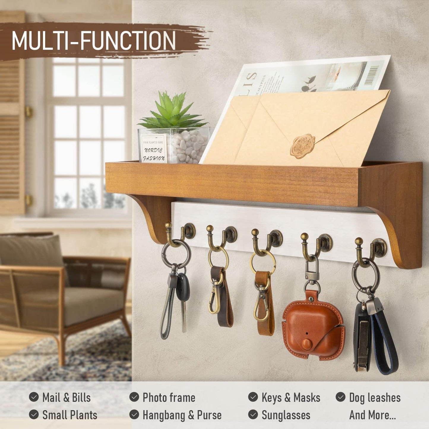 Rebee Vision Key Holder Wall Mount with 5 Hooks for Entryway, Retro Brown | Display Shelf for Plant & Letters, Key Shelf for Hats, Dog Leashes, Mail Organizer, Decorative Entryway & Living Room