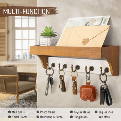 Rebee Vision Key Holder Wall Mount with 5 Hooks for Entryway, Retro Brown | Display Shelf for Plant & Letters, Key Shelf for Hats, Dog Leashes, Mail Organizer, Decorative Entryway & Living Room