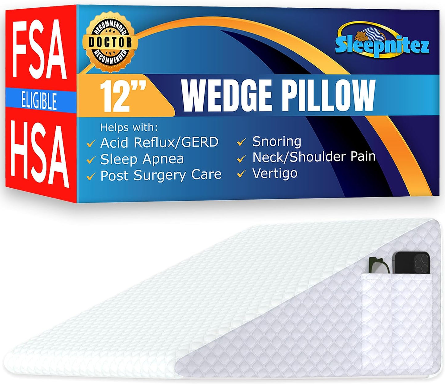 12" Bed Wedge Pillow for GERD, Acid Reflux, Sleep Apnea, Snoring | Cooling 3" memory foam top and cover for side sleepers, post-surgery, back support and leg elevation U-shaped easy-off/on zip