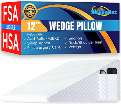 12" Bed Wedge Pillow for GERD, Acid Reflux, Sleep Apnea, Snoring | Cooling 3" memory foam top and cover for side sleepers, post-surgery, back support and leg elevation U-shaped easy-off/on zip