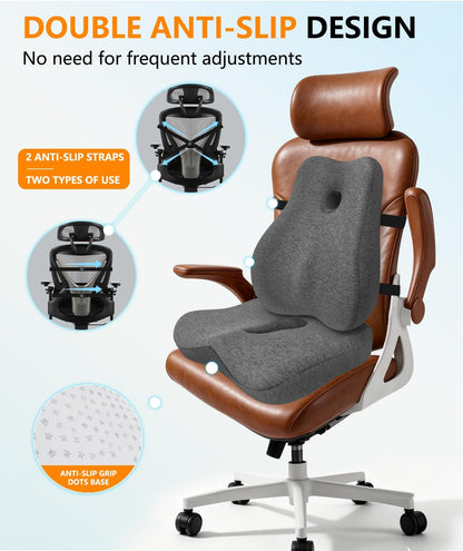 Lumbar Support Pillow & Seat Cushion for Office Chair, Memory Foam Office Chair Cushion for Tailbone Pain Relief and Lower Back Support, Ergonomic Desk Chair Cushion for Gaming,Wheelchair,Home