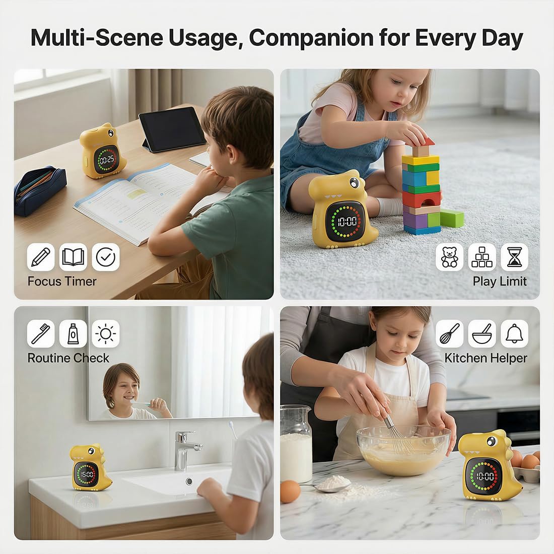 Pink Dinosaur Visual Timer for Kids, Girls Potty Training Timer | Color Countdown, Rechargeable, LED Screen, 99 Minute, Toddler, Children, Transition, 2-Min Toothbrush Setting, Hand Washing