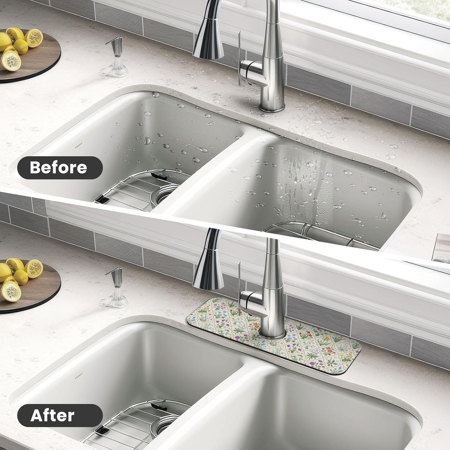 Aquamarine Blue Mexican Tiles Faucet Splash Guard Mat for Kitchen Sink 15x5.5" - Colors B