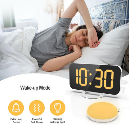 Digital Vibration Alarm Clock with Loud Sound 12/24 Hour Bed Shaker Auto-Dimming Night Light Snooze Memory Function for Heavy Sleepers Bedroom Home