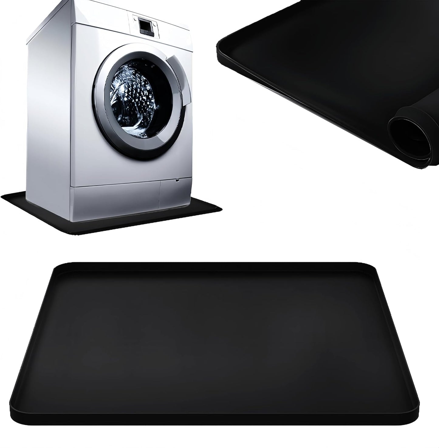 27×27inch Washer Drain Pan Silicone Mat, With Raised Edge Washing Machine Silicone Mat, Multi-function Non Slip, Soft Foldable Portable Waterproof Pad（black）